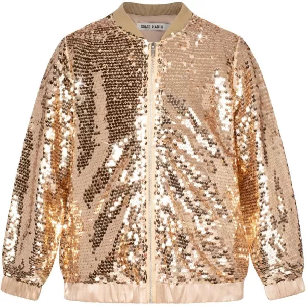 GRACE KARIN Girls Sequin Jacket Kids Bomber Zip Outwear Sparkle Fall Costume Top Dress Coat Size 514Rose Gold