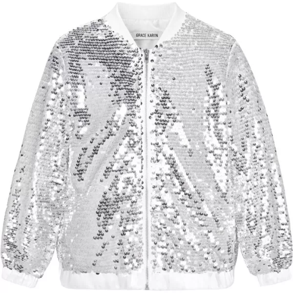 GRACE KARIN Girls Sequin Jacket Kids Bomber Zip Outwear Sparkle Fall Costume Top Dress Coat Size 514Silver