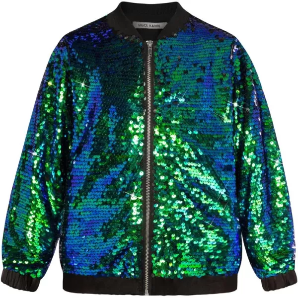 GRACE KARIN Girls Sequin Jacket Kids Bomber Zip Outwear Sparkle Fall Costume Top Dress Coat Size 514Sparkle Green