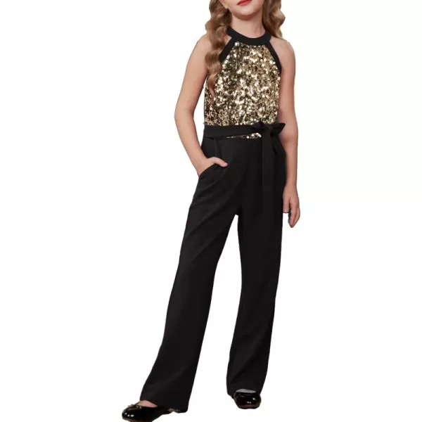 GRACE KARIN Girls Sequin Jumpsuit Tween Trendy Party Halter Shinny Kids Dance Formal Romper Bodysuit 612Black