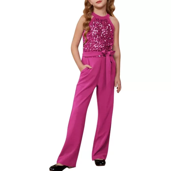 GRACE KARIN Girls Sequin Jumpsuit Tween Trendy Party Halter Shinny Kids Dance Formal Romper Bodysuit 612Hot Pink