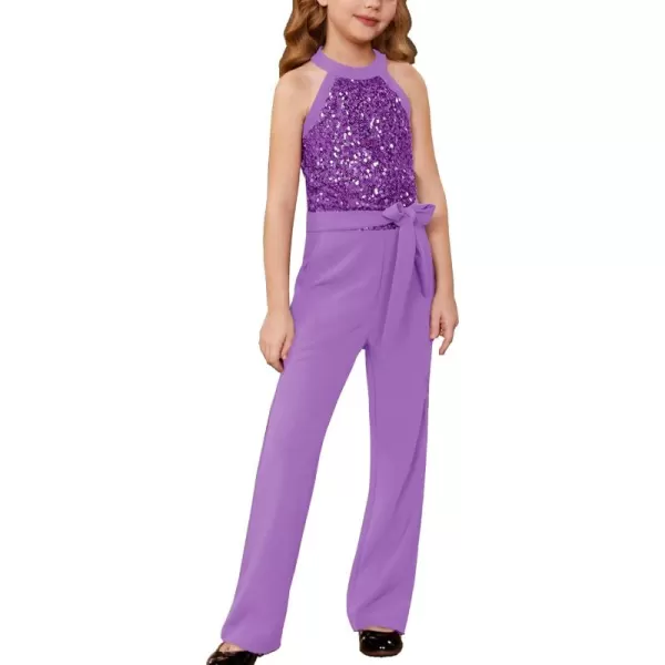 GRACE KARIN Girls Sequin Jumpsuit Tween Trendy Party Halter Shinny Kids Dance Formal Romper Bodysuit 612Purple