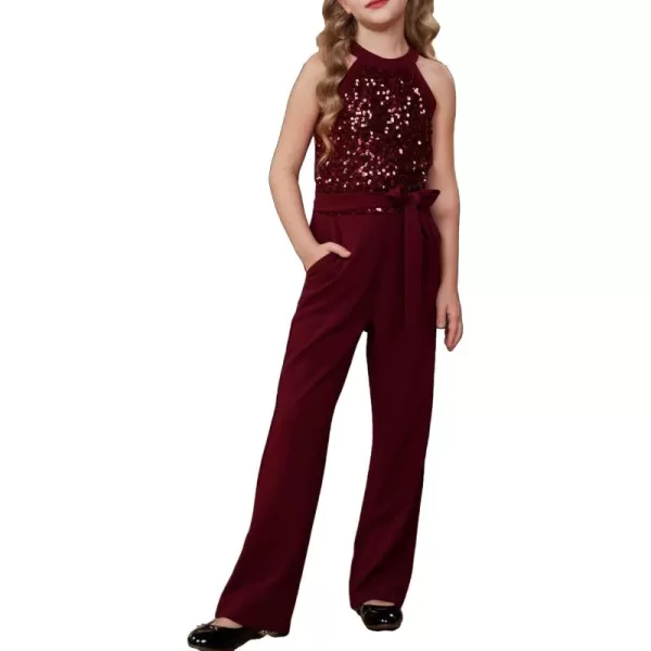 GRACE KARIN Girls Sequin Jumpsuit Tween Trendy Party Halter Shinny Kids Dance Formal Romper Bodysuit 612Wine Red