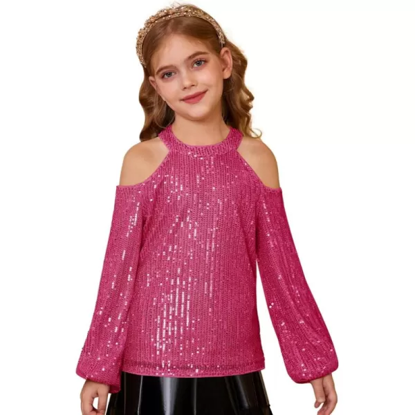 GRACE KARIN Girls Sequin Tops Long Sleeve Sparkle Glitter Shirt Blouse Size 512Hot Pink