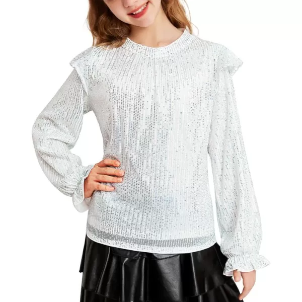 GRACE KARIN Girls Sparkly Sequin Pullover Tops Long Sleeve Formal Party Glitter Blouse Shirt Size 512 YearsWhite