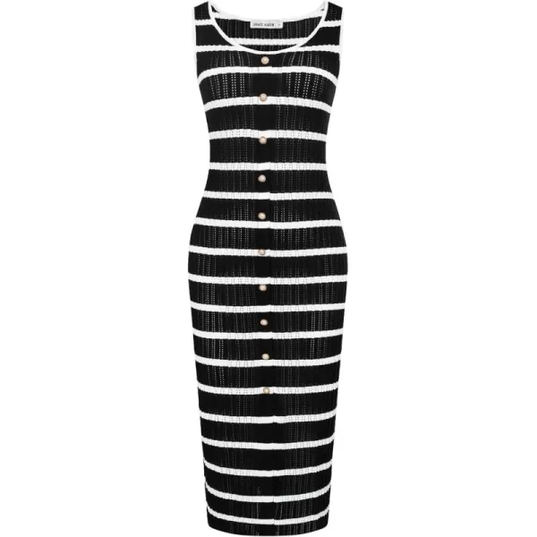 GRACE KARIN Womens 2024 Summer Striped Dress Sleeveless Knitted Midi Bodycon Dresses Tank Ribbed Sweater Beach DressBlack White Stripe