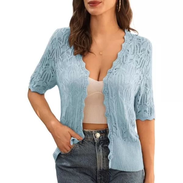 GRACE KARIN Womens Summer Short Sleeve Lightweight Cardigan V Neck Hollow Out Sweater 2024 Trendy Button Down Knit TopsLight Blue