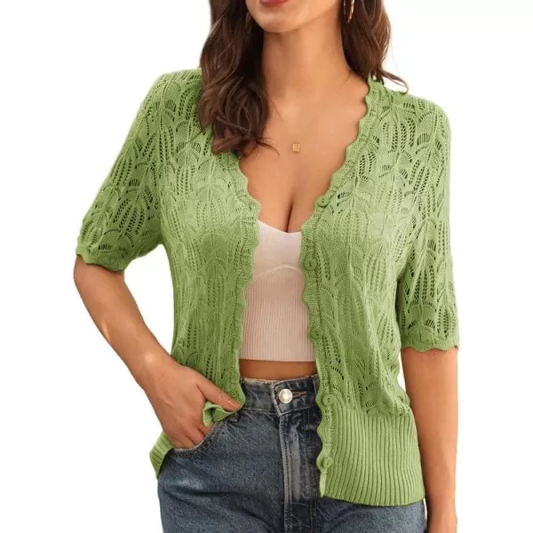 GRACE KARIN Womens Summer Short Sleeve Lightweight Cardigan V Neck Hollow Out Sweater 2024 Trendy Button Down Knit TopsTea Green