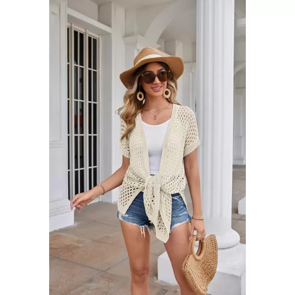 GRACE KARIN Mesh Cardigan Sweaters for Women Crochet Short Sleeve Openfront Long Cardigan Cover ups Knitted Sheer TopsApricot