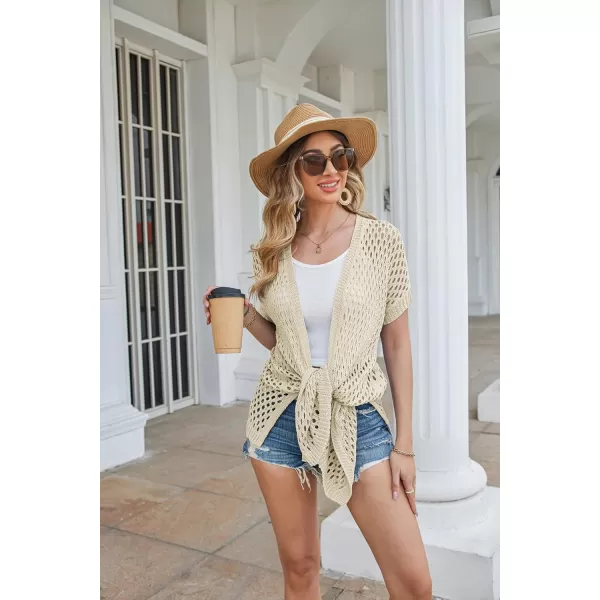 GRACE KARIN Mesh Cardigan Sweaters for Women Crochet Short Sleeve Openfront Long Cardigan Cover ups Knitted Sheer TopsApricot