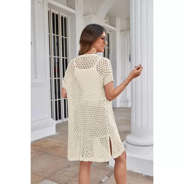 GRACE KARIN Mesh Cardigan Sweaters for Women Crochet Short Sleeve Openfront Long Cardigan Cover ups Knitted Sheer TopsApricot