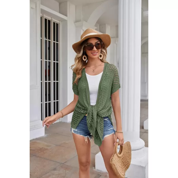 GRACE KARIN Mesh Cardigan Sweaters for Women Crochet Short Sleeve Openfront Long Cardigan Cover ups Knitted Sheer TopsArmygreen