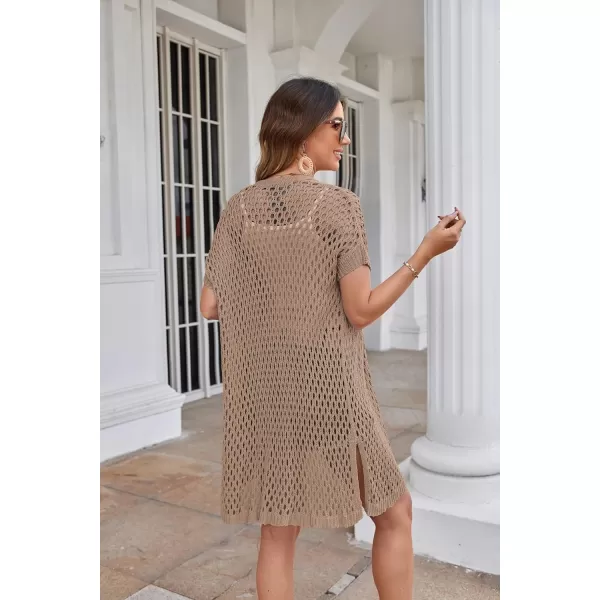 GRACE KARIN Mesh Cardigan Sweaters for Women Crochet Short Sleeve Openfront Long Cardigan Cover ups Knitted Sheer TopsBrown