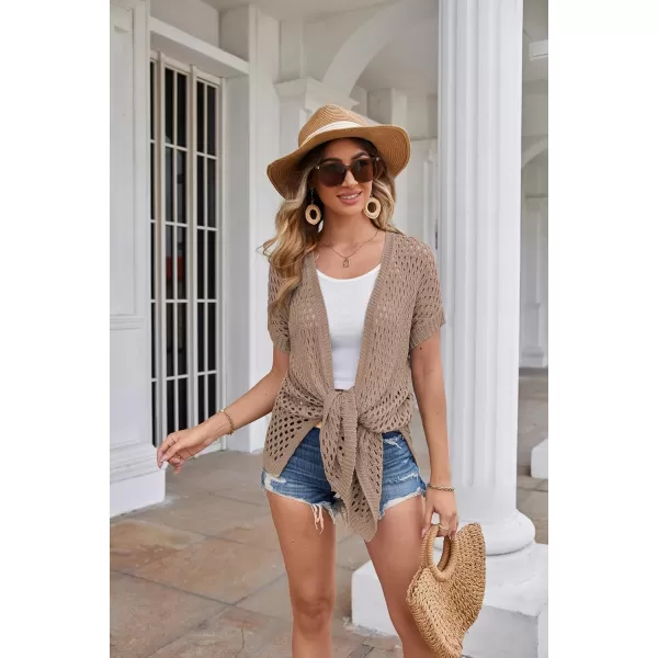 GRACE KARIN Mesh Cardigan Sweaters for Women Crochet Short Sleeve Openfront Long Cardigan Cover ups Knitted Sheer TopsBrown