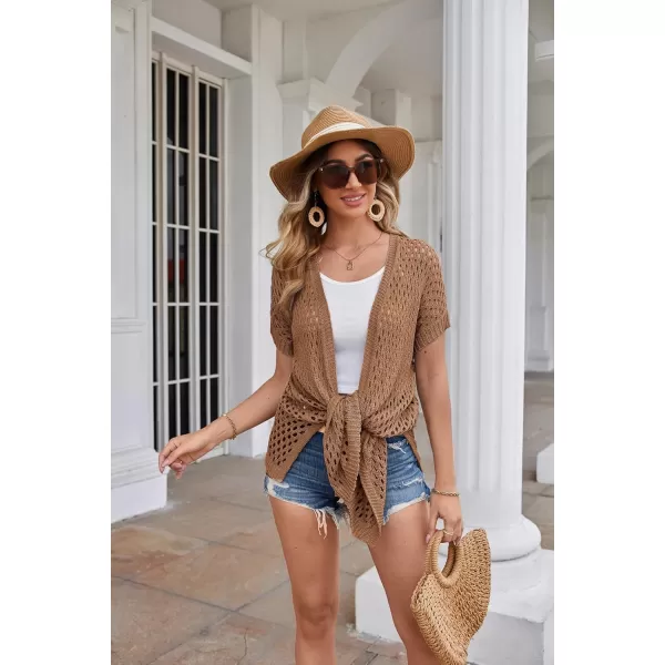 GRACE KARIN Mesh Cardigan Sweaters for Women Crochet Short Sleeve Openfront Long Cardigan Cover ups Knitted Sheer TopsDark Brown