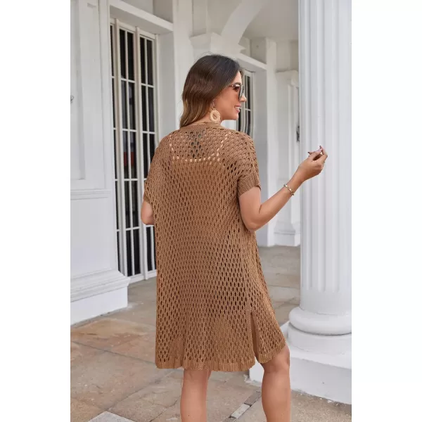 GRACE KARIN Mesh Cardigan Sweaters for Women Crochet Short Sleeve Openfront Long Cardigan Cover ups Knitted Sheer TopsDark Brown