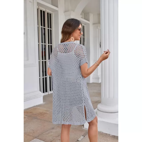 GRACE KARIN Mesh Cardigan Sweaters for Women Crochet Short Sleeve Openfront Long Cardigan Cover ups Knitted Sheer TopsGrey Blue