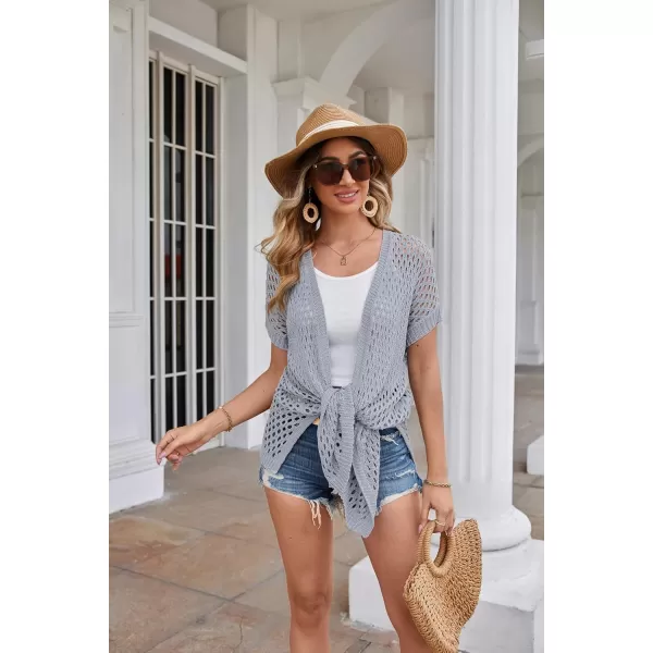 GRACE KARIN Mesh Cardigan Sweaters for Women Crochet Short Sleeve Openfront Long Cardigan Cover ups Knitted Sheer TopsGrey Blue