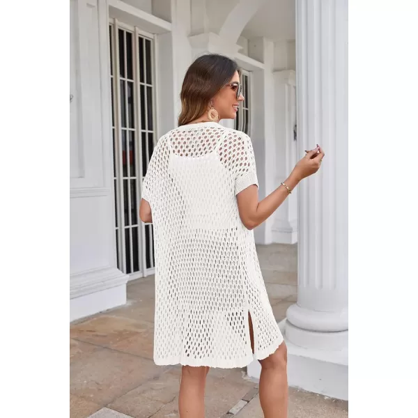 GRACE KARIN Mesh Cardigan Sweaters for Women Crochet Short Sleeve Openfront Long Cardigan Cover ups Knitted Sheer TopsIvory