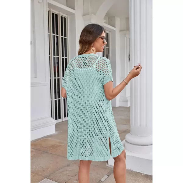 GRACE KARIN Mesh Cardigan Sweaters for Women Crochet Short Sleeve Openfront Long Cardigan Cover ups Knitted Sheer TopsLight Green
