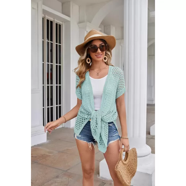 GRACE KARIN Mesh Cardigan Sweaters for Women Crochet Short Sleeve Openfront Long Cardigan Cover ups Knitted Sheer TopsLight Green