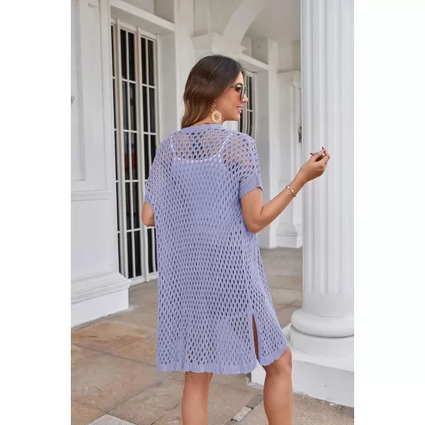 GRACE KARIN Mesh Cardigan Sweaters for Women Crochet Short Sleeve Openfront Long Cardigan Cover ups Knitted Sheer TopsLilac
