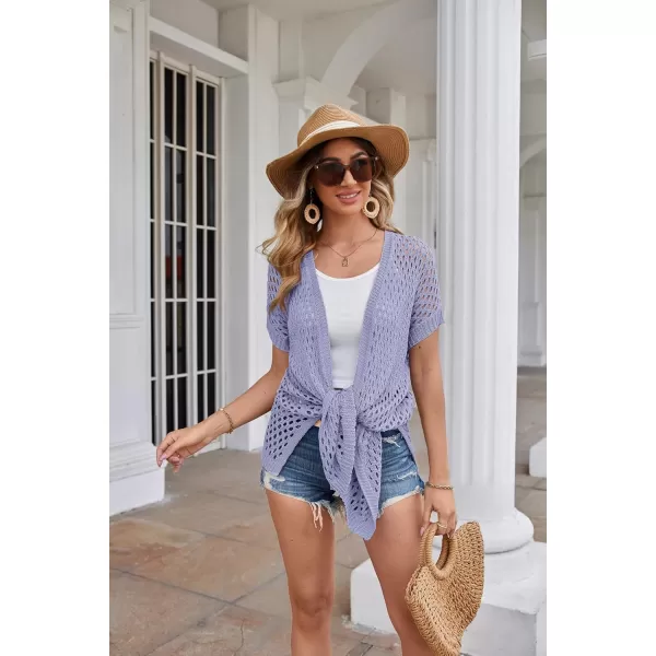 GRACE KARIN Mesh Cardigan Sweaters for Women Crochet Short Sleeve Openfront Long Cardigan Cover ups Knitted Sheer TopsLilac