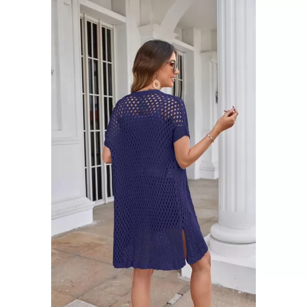 GRACE KARIN Mesh Cardigan Sweaters for Women Crochet Short Sleeve Openfront Long Cardigan Cover ups Knitted Sheer TopsNavy Blue
