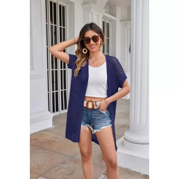 GRACE KARIN Mesh Cardigan Sweaters for Women Crochet Short Sleeve Openfront Long Cardigan Cover ups Knitted Sheer TopsNavy Blue