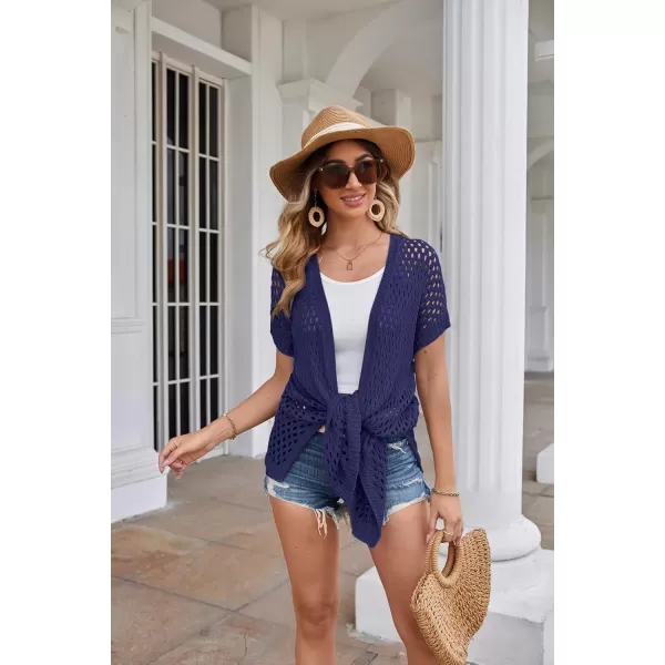 GRACE KARIN Mesh Cardigan Sweaters for Women Crochet Short Sleeve Openfront Long Cardigan Cover ups Knitted Sheer TopsNavy Blue