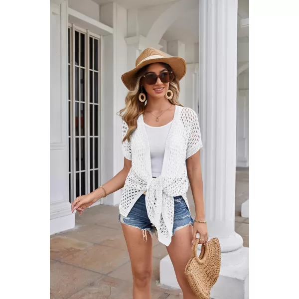 GRACE KARIN Mesh Cardigan Sweaters for Women Crochet Short Sleeve Openfront Long Cardigan Cover ups Knitted Sheer TopsPure White
