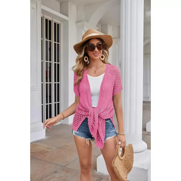 GRACE KARIN Mesh Cardigan Sweaters for Women Crochet Short Sleeve Openfront Long Cardigan Cover ups Knitted Sheer TopsRose Red