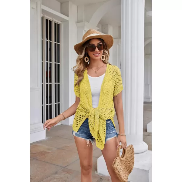 GRACE KARIN Mesh Cardigan Sweaters for Women Crochet Short Sleeve Openfront Long Cardigan Cover ups Knitted Sheer TopsYellow