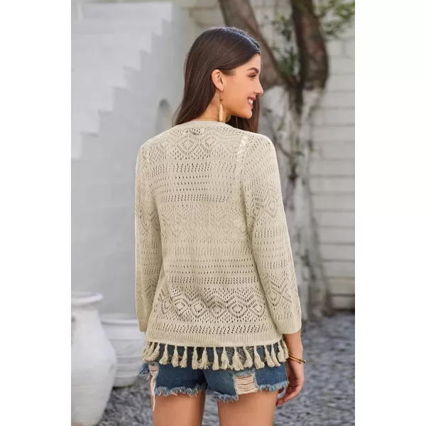 GRACE KARIN Women Fringed Cardigan 2025 Boho Hollowed Out Crochet Knit Shrug 34 Sleeve VNeck Cardigan Top with ButtonApricot