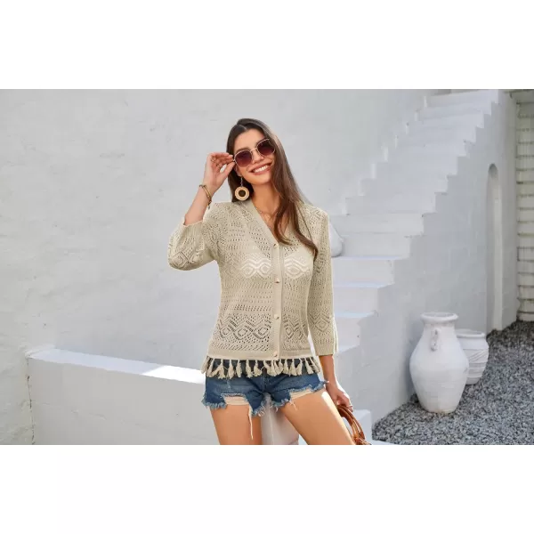 GRACE KARIN Women Fringed Cardigan 2025 Boho Hollowed Out Crochet Knit Shrug 34 Sleeve VNeck Cardigan Top with ButtonApricot