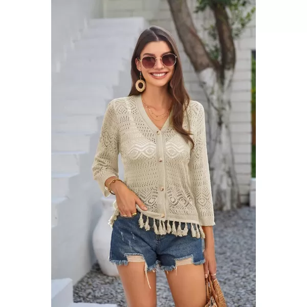 GRACE KARIN Women Fringed Cardigan 2025 Boho Hollowed Out Crochet Knit Shrug 34 Sleeve VNeck Cardigan Top with ButtonApricot