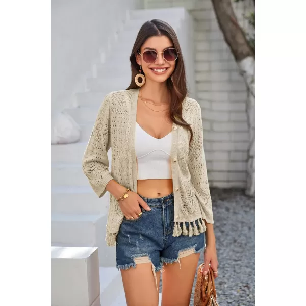 GRACE KARIN Women Fringed Cardigan 2025 Boho Hollowed Out Crochet Knit Shrug 34 Sleeve VNeck Cardigan Top with ButtonApricot