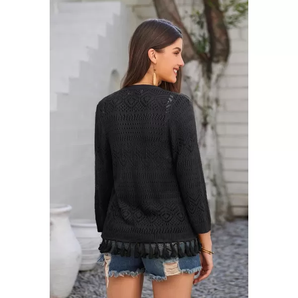 GRACE KARIN Women Fringed Cardigan 2025 Boho Hollowed Out Crochet Knit Shrug 34 Sleeve VNeck Cardigan Top with ButtonBlack