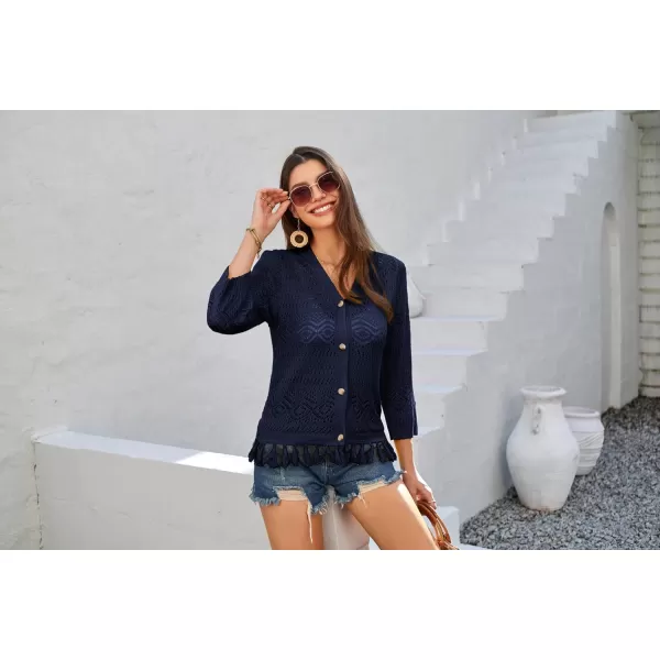 GRACE KARIN Women Fringed Cardigan 2025 Boho Hollowed Out Crochet Knit Shrug 34 Sleeve VNeck Cardigan Top with ButtonNavy Blue