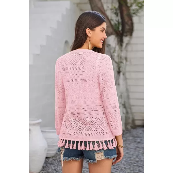 GRACE KARIN Women Fringed Cardigan 2025 Boho Hollowed Out Crochet Knit Shrug 34 Sleeve VNeck Cardigan Top with ButtonPink