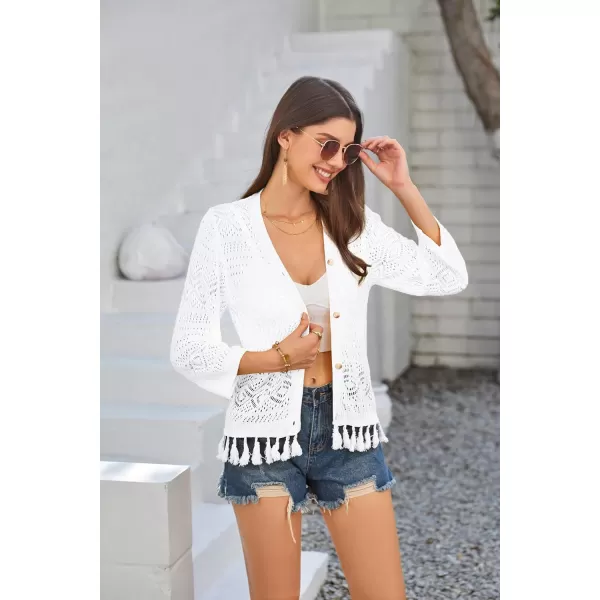 GRACE KARIN Women Fringed Cardigan 2025 Boho Hollowed Out Crochet Knit Shrug 34 Sleeve VNeck Cardigan Top with ButtonWhite