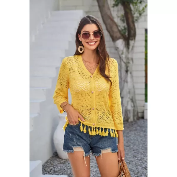 GRACE KARIN Women Fringed Cardigan 2025 Boho Hollowed Out Crochet Knit Shrug 34 Sleeve VNeck Cardigan Top with ButtonYellow