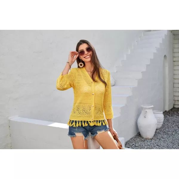 GRACE KARIN Women Fringed Cardigan 2025 Boho Hollowed Out Crochet Knit Shrug 34 Sleeve VNeck Cardigan Top with ButtonYellow