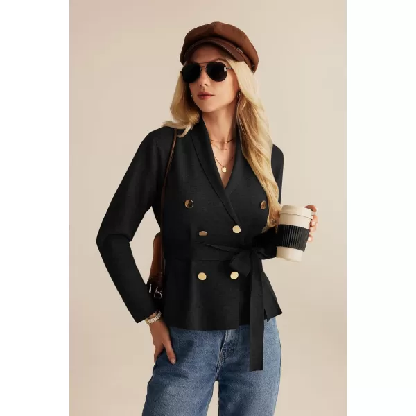 GRACE KARIN Women Long Sleeve Casual Blazer Cardigan Knit Belt Work Office Formal Jacket with PocketBlack