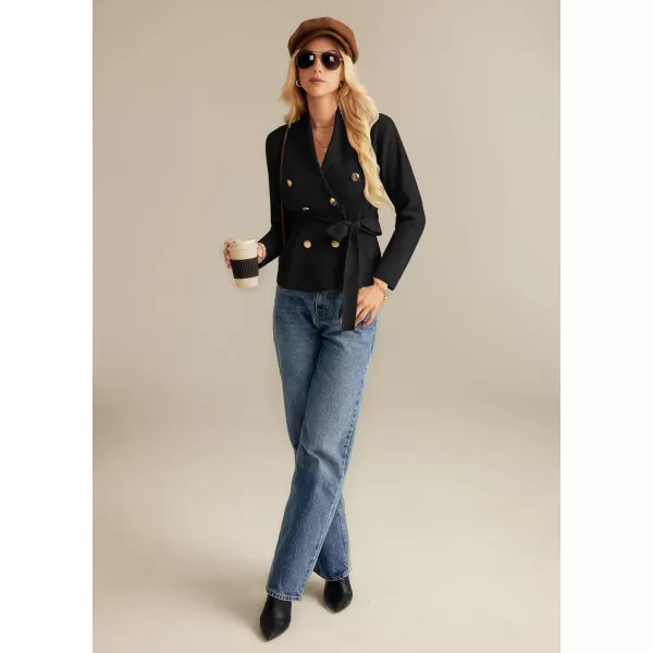 GRACE KARIN Women Long Sleeve Casual Blazer Cardigan Knit Belt Work Office Formal Jacket with PocketBlack