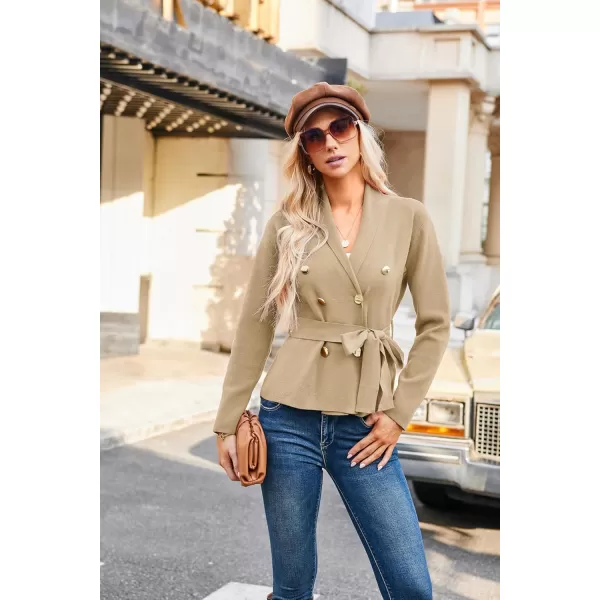 GRACE KARIN Women Long Sleeve Casual Blazer Cardigan Knit Belt Work Office Formal Jacket with PocketKhaki