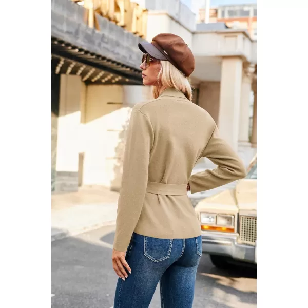 GRACE KARIN Women Long Sleeve Casual Blazer Cardigan Knit Belt Work Office Formal Jacket with PocketKhaki