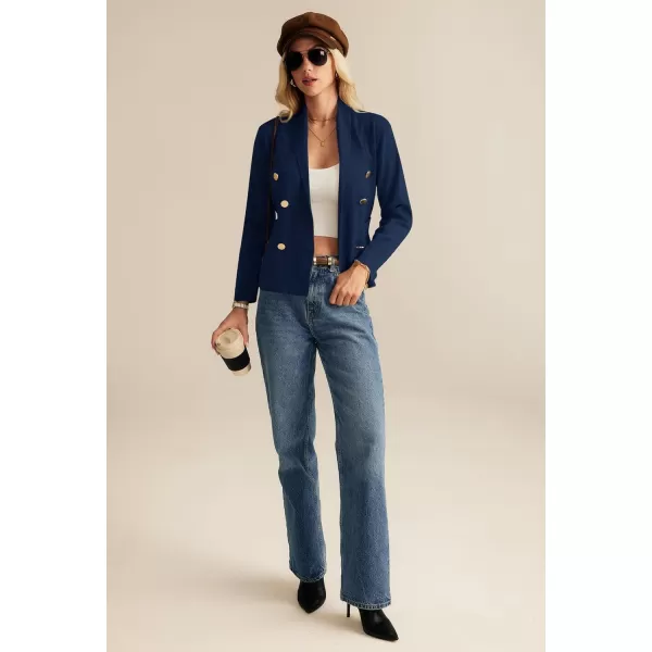 GRACE KARIN Women Long Sleeve Casual Blazer Cardigan Knit Belt Work Office Formal Jacket with PocketNavy Blue