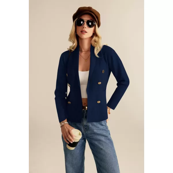 GRACE KARIN Women Long Sleeve Casual Blazer Cardigan Knit Belt Work Office Formal Jacket with PocketNavy Blue