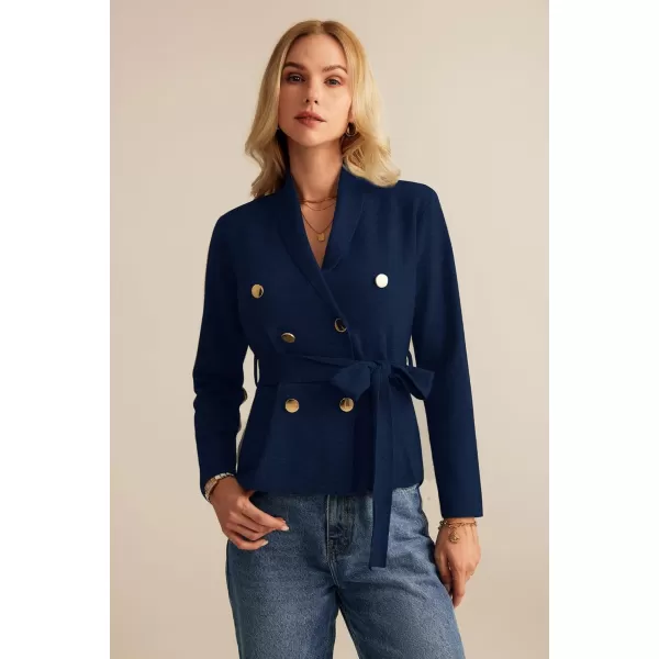 GRACE KARIN Women Long Sleeve Casual Blazer Cardigan Knit Belt Work Office Formal Jacket with PocketNavy Blue